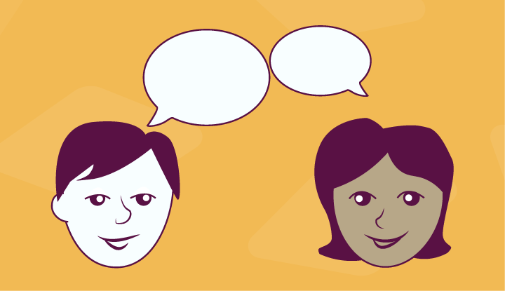 Sketches of a man and woman's heads with speech bubbles above them